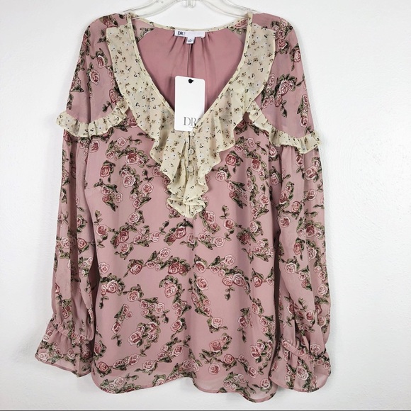 DR2 Tops - DR2 By Daniel Rainn Rose Baby Pink Floral Print Ruffle Blouse